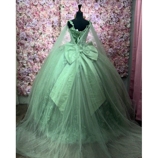 Shiny Green Quinceanera Dresses Mexican Sweetheart Ball Gown Cape Sleeve Vestidos De 15 Anos