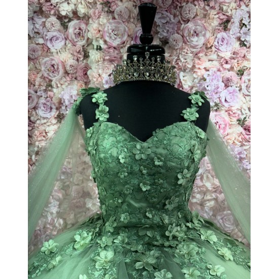 Shiny Green Quinceanera Dresses Mexican Sweetheart Ball Gown Cape Sleeve Vestidos De 15 Anos