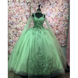 Shiny Green Quinceanera Dresses Mexican Sweetheart Ball Gown Cape Sleeve Vestidos De 15 Anos