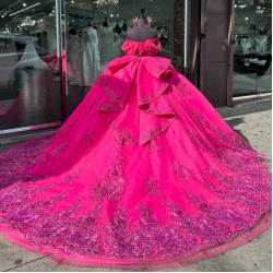 Shiny Hot Pink Quinceanera Dress Ball Gown Floral Applique Off Shoulder Sweet 16 Vestido De 15 Anos