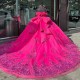 Shiny Hot Pink Quinceanera Dress Ball Gown Floral Applique Off Shoulder Sweet 16 Vestido De 15 Anos