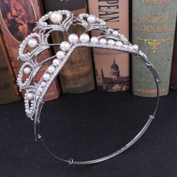 SilverColor Peacock Feather Crown Round Pearl Tiara Rhinestone Miss Universe Pageant Prom Crowns Big Diadem Bridal Wedding Party