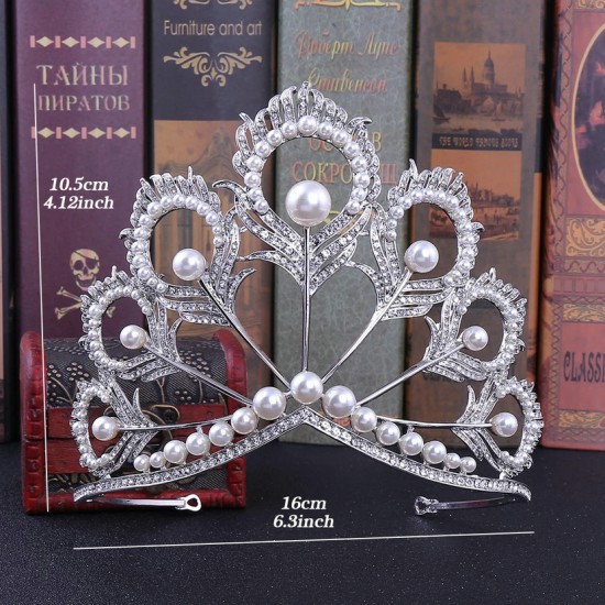 SilverColor Peacock Feather Crown Round Pearl Tiara Rhinestone Miss Universe Pageant Prom Crowns Big Diadem Bridal Wedding Party