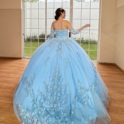 Sky Blue Quince Dress Sweetheart Neck 15 Anos Detachable Women 2024 Ball Gown Crystal Girl Birthday Gowns With 3D Flowers