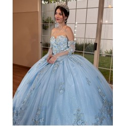 Sky Blue Quince Dress Sweetheart Neck 15 Anos Detachable Women 2024 Ball Gown Crystal Girl Birthday Gowns With 3D Flowers