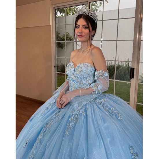 Sky Blue Quince Dress Sweetheart Neck 15 Anos Detachable Women 2024 Ball Gown Crystal Girl Birthday Gowns With 3D Flowers