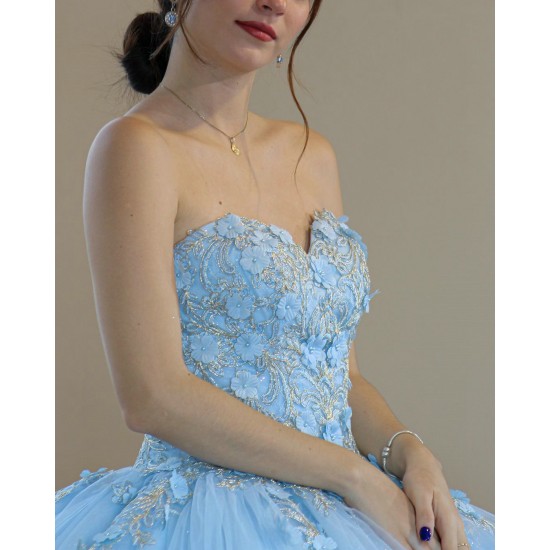 Sky Blue Quince Dress Sweetheart Neck 15 Anos Detachable Women 2024 Ball Gown Crystal Girl Birthday Gowns With 3D Flowers