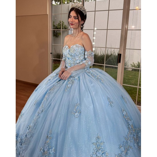 Sky Blue Quince Dress Sweetheart Neck 15 Anos Detachable Women 2024 Ball Gown Crystal Girl Birthday Gowns With 3D Flowers