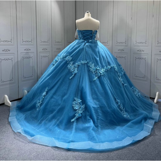 Sleeveless Blue Quinceanera Dresses Sweetheart Neck Vestidos De 15 Anos 3D Flowers Birthday Party Dress