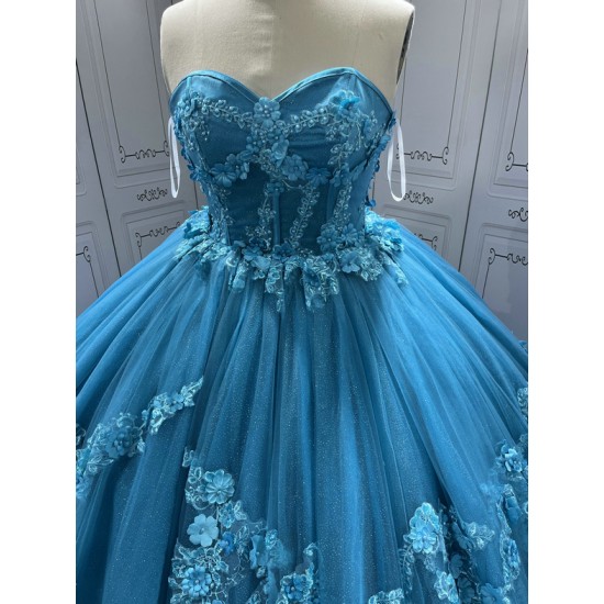 Sleeveless Blue Quinceanera Dresses Sweetheart Neck Vestidos De 15 Anos 3D Flowers Birthday Party Dress