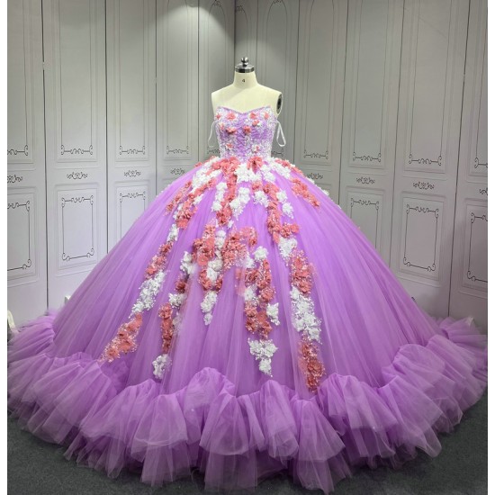 Sleeveless Lilac Quinceanera Dress Ruffled Vestidos De XV Anos 3D Flowers Sweet 15 Gowns With Cape