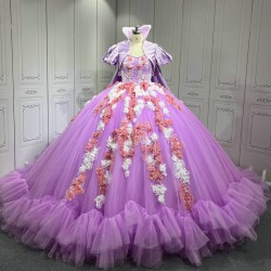 Sleeveless Lilac Quinceanera Dress Ruffled Vestidos De XV Anos 3D Flowers Sweet 15 Gowns With Cape