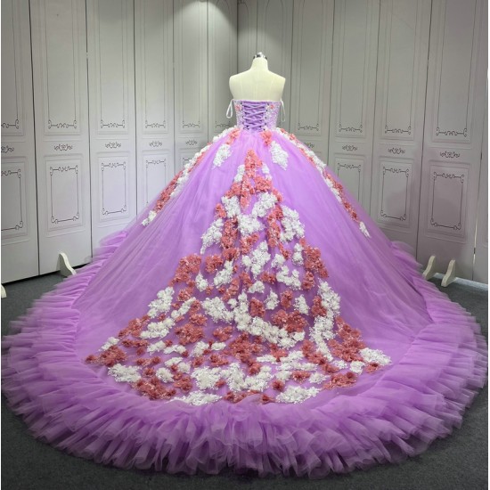 Sleeveless Lilac Quinceanera Dress Ruffled Vestidos De XV Anos 3D Flowers Sweet 15 Gowns With Cape