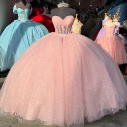 Sleeveless Pink Quinceanera Dresses Ball Gown Sweetheart Neck Tulle Sequin Party Sweet 16 Dress