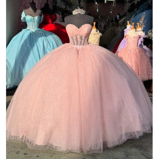 Sleeveless Pink Quinceanera Dresses Ball Gown Sweetheart Neck Tulle Sequin Party Sweet 16 Dress