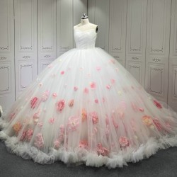 Sleeveless White Quinceanera Dresses for 3D Flowers Appliques Ball Gown Sweet 15 Prom Party Dresses