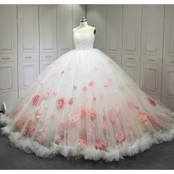 Sleeveless White Quinceanera Dresses for 3D Flowers Appliques Ball Gown Sweet 15 Prom Party Dresses