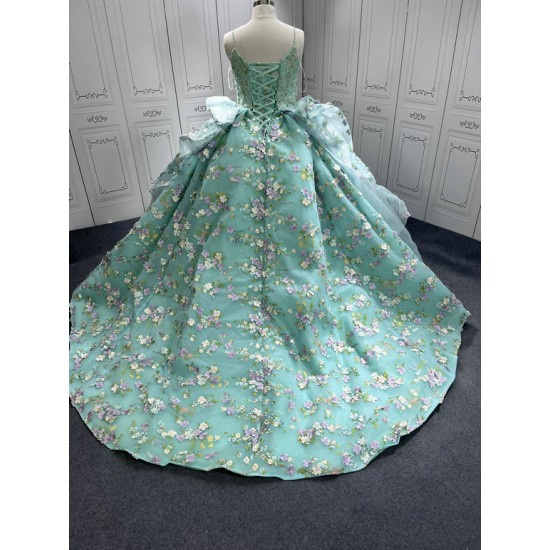 Spaghetti Strap Aqua Blue Quinceanera Dresses Flowers Appliques Sweetheart Ball Gowns Princess Vestidos De 15 Anos