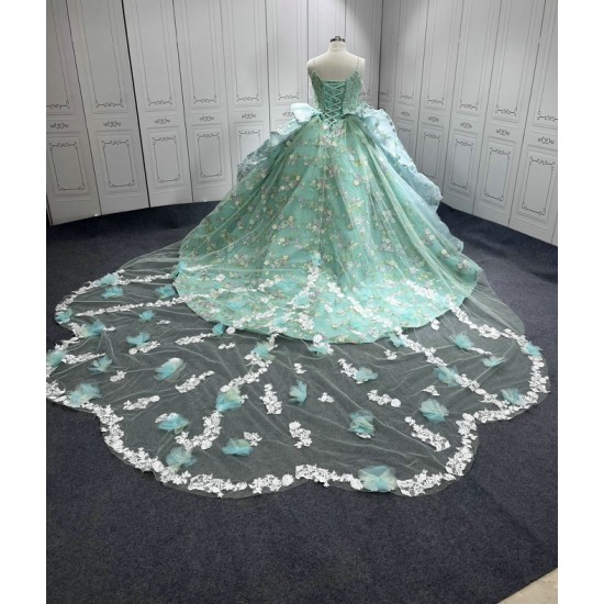 Spaghetti Strap Aqua Blue Quinceanera Dresses Flowers Appliques Sweetheart Ball Gowns Princess Vestidos De 15 Anos