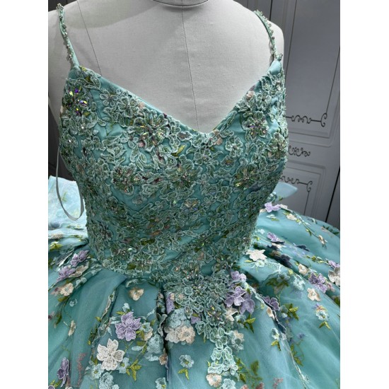 Spaghetti Strap Aqua Blue Quinceanera Dresses Flowers Appliques Sweetheart Ball Gowns Princess Vestidos De 15 Anos