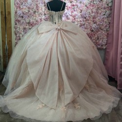 Spaghetti Strap Pink Quinceanera Dress Ball Gown Lace Applique Sweetheart Neck Sweet 16 Vestido De 15 Anos