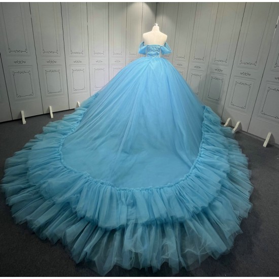 Strapless Sky Blue Vestidos De 15 Anos Crystal Tiered Quinceanera Dress Sweetheart Neck Birthday Party Gowns