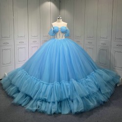 Strapless Sky Blue Vestidos De 15 Anos Crystal Tiered Quinceanera Dress Sweetheart Neck Birthday Party Gowns