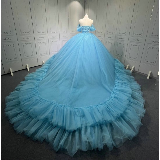 Strapless Sky Blue Vestidos De 15 Anos Crystal Tiered Quinceanera Dress Sweetheart Neck Birthday Party Gowns