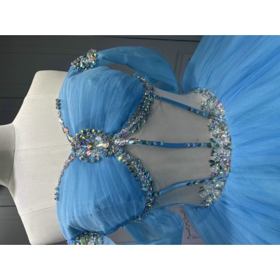 Strapless Sky Blue Vestidos De 15 Anos Crystal Tiered Quinceanera Dress Sweetheart Neck Birthday Party Gowns