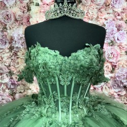 Sweetheart Green Luxury Quinceanera Dresses 3D Butterfly Lace up Sweep Train Customized Sweet 15 Gowns