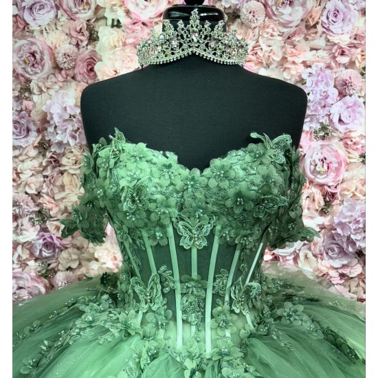 Sweetheart Green Luxury Quinceanera Dresses 3D Butterfly Lace up Sweep Train Customized Sweet 15 Gowns