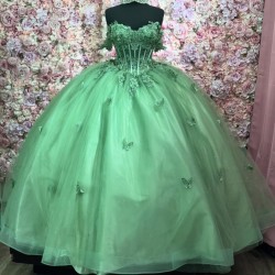 Sweetheart Green Luxury Quinceanera Dresses 3D Butterfly Lace up Sweep Train Customized Sweet 15 Gowns