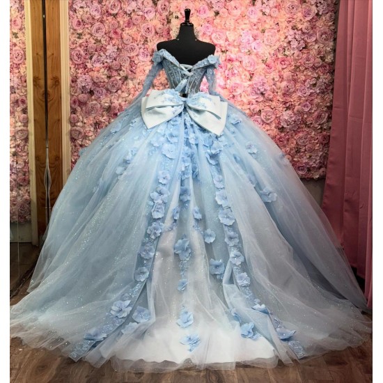 Sweetheart Neck Ball Gown Tulle Sky Blue Quinceanera Dresses Mexican Long Sleeve Vestidos De 15 Anos