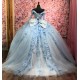 Sweetheart Neck Ball Gown Tulle Sky Blue Quinceanera Dresses Mexican Long Sleeve Vestidos De 15 Anos