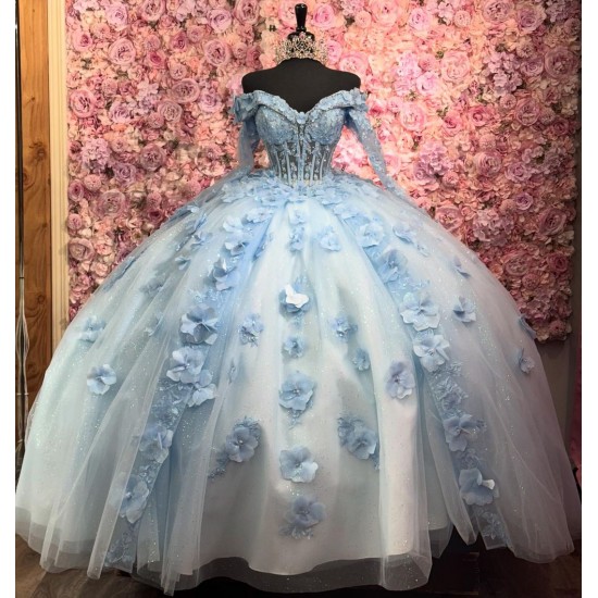 Sweetheart Neck Ball Gown Tulle Sky Blue Quinceanera Dresses Mexican Long Sleeve Vestidos De 15 Anos