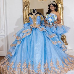 Tiered Blue Quince Dress Princess Sweet 15 16 Years Old Birthday Party Gown Crystal Vestidos De 15 Anos