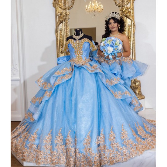 Tiered Blue Quince Dress Princess Sweet 15 16 Years Old Birthday Party Gown Crystal Vestidos De 15 Anos