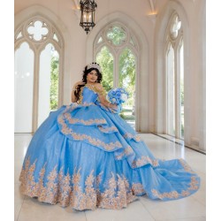 Tiered Blue Quince Dress Princess Sweet 15 16 Years Old Birthday Party Gown Crystal Vestidos De 15 Anos