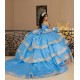 Tiered Blue Quince Dress Princess Sweet 15 16 Years Old Birthday Party Gown Crystal Vestidos De 15 Anos