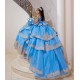 Tiered Blue Quince Dress Princess Sweet 15 16 Years Old Birthday Party Gown Crystal Vestidos De 15 Anos