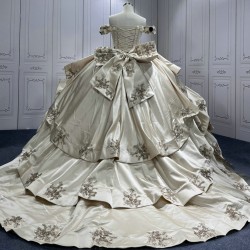 Tiered Champagne Quinceanera Dresses Off the shoulder Ball Gown 3D Flowers Vestidos De 15 Anos