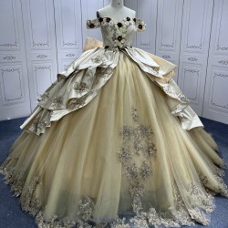 Tiered Champagne Quinceanera Dresses Off the shoulder Ball Gown 3D Flowers Vestidos De 15 Anos