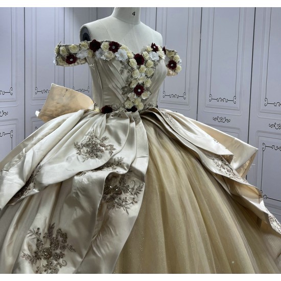 Tiered Champagne Quinceanera Dresses Off the shoulder Ball Gown 3D Flowers Vestidos De 15 Anos