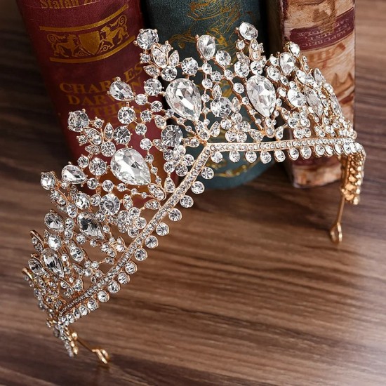 Wedding Hair Tiara Crystal Bridal Tiaras Crown Gold Color Diadem Veil Tiaras Party Prom Hair Accessories Headpieces Head Jewelry