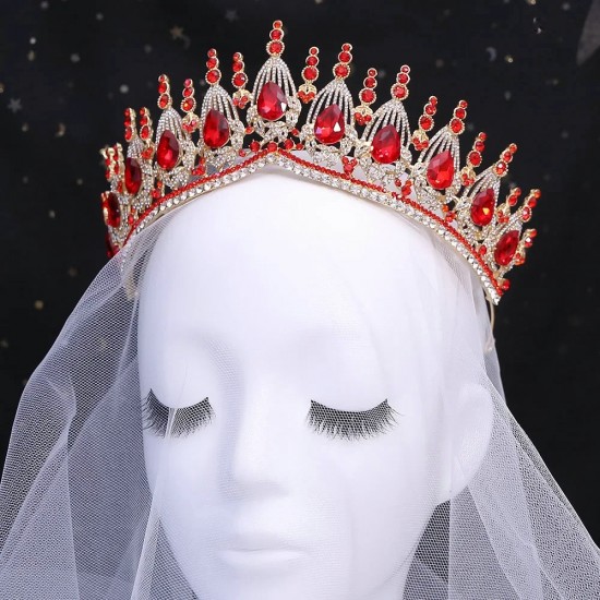 Wedding Hair Tiara Red Crystal Bridal Tiara Baroque Crown Diadem Veil Tiaras Wedding Hair Accessories Headpieces Head Jewelry