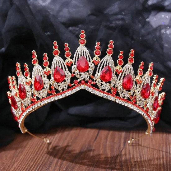 Wedding Hair Tiara Red Crystal Bridal Tiara Baroque Crown Diadem Veil Tiaras Wedding Hair Accessories Headpieces Head Jewelry