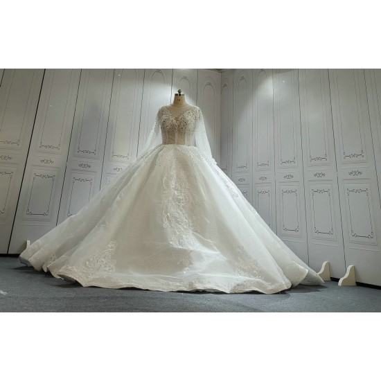 Long Sleeves Luxury Ball Gown Wedding Dress With Lace Pearls CBWD0070