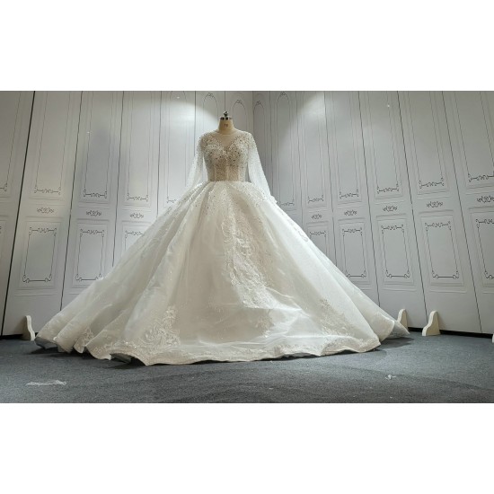 Long Sleeves Luxury Ball Gown Wedding Dress With Lace Pearls CBWD0070