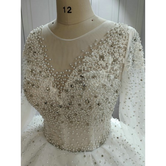 Long Sleeves Luxury Ball Gown Wedding Dress With Lace Pearls CBWD0070