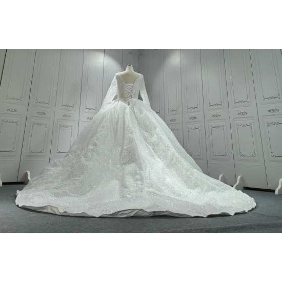 V Neck Fully Beaded Luxury Wedding Dress With Long Sleeves CBWD003